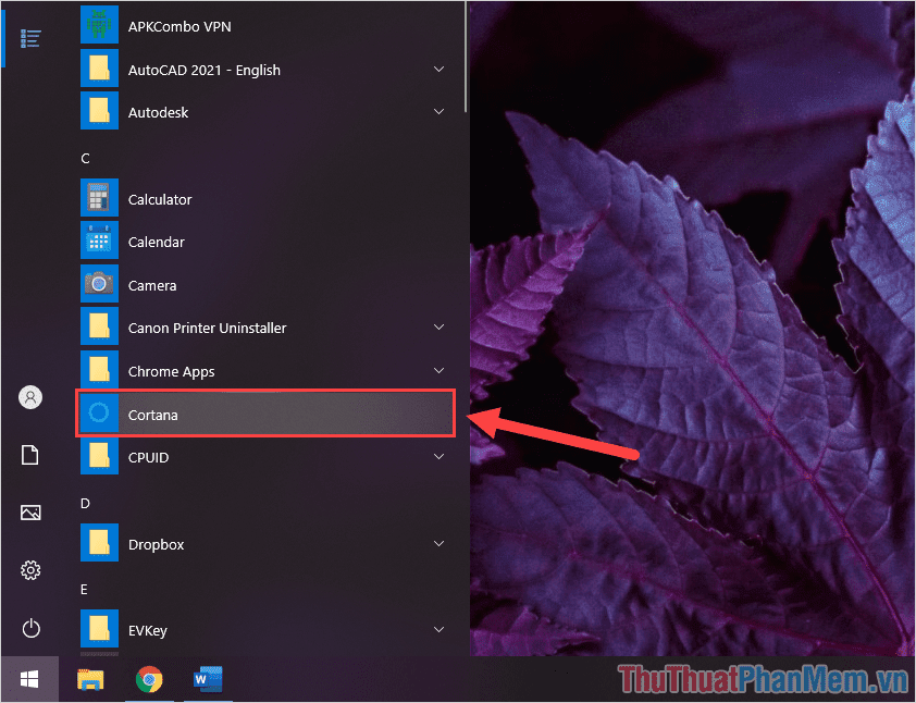 Tìm Cortana và mở ứng dụng