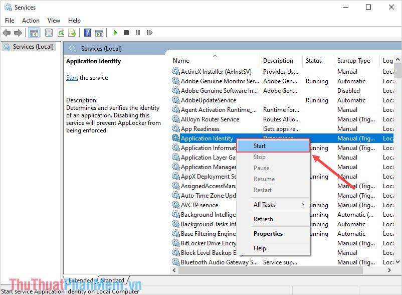 Tìm đến mục Application Identity và nhấn Start để khởi động lại dịch vụ của Windows