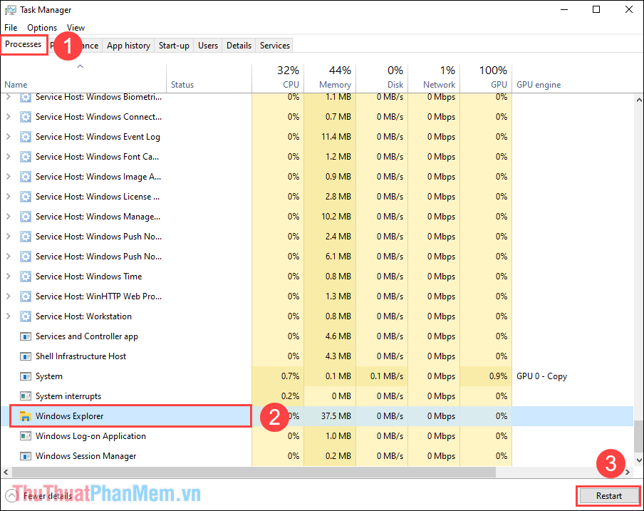 Tìm mục Windows Explorer và nhấn Restart để bắt đầu khởi động lại