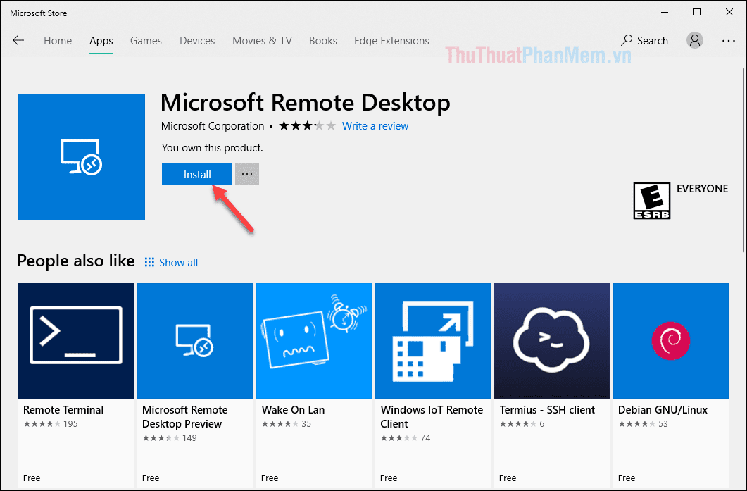 Tím ứng dụng Microsoft Remote Desktop như hình dưới và nhấn Install để cài đặt
