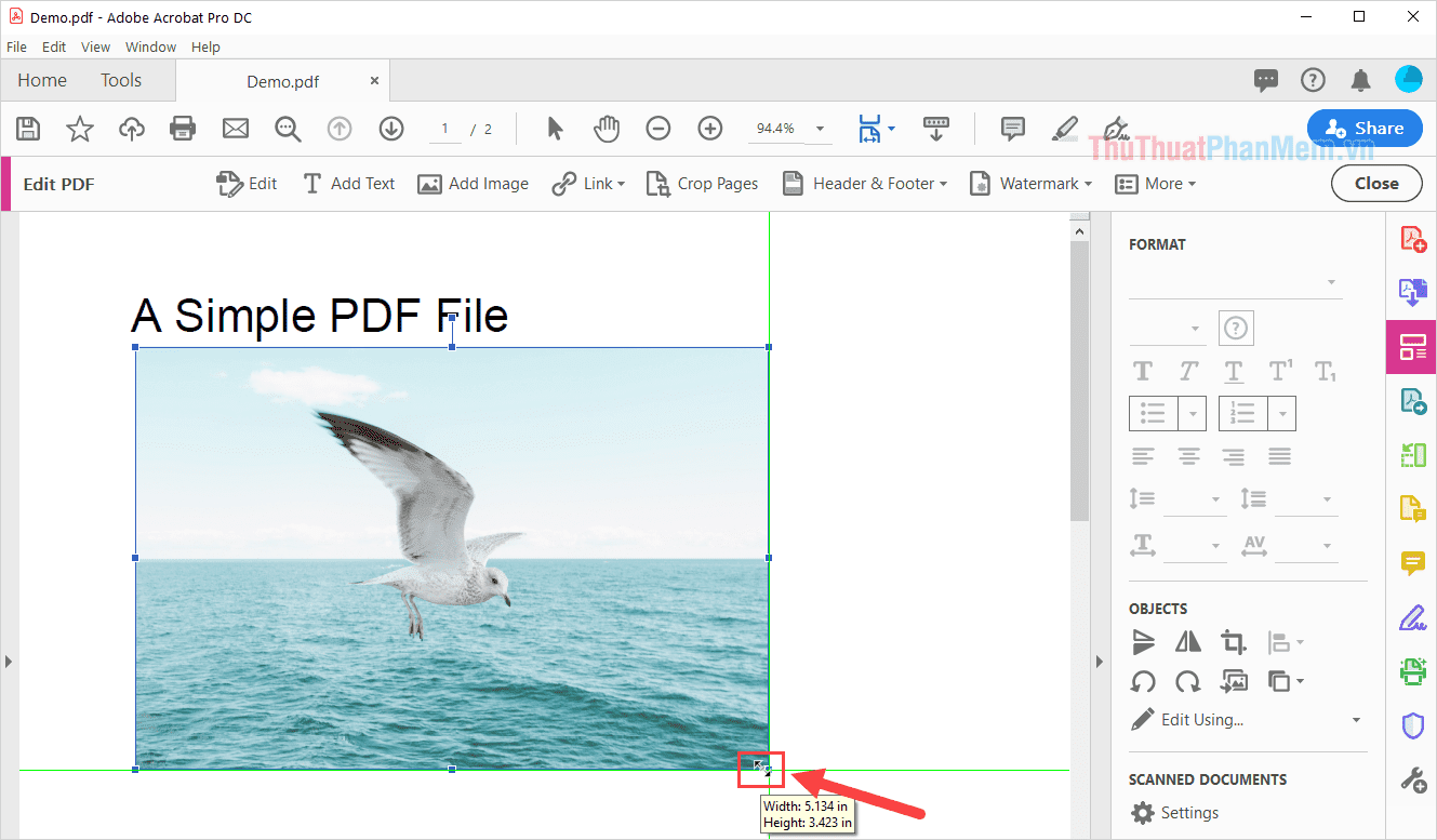Tinh chỉnh kích thước file PDF bằng cách nhấn vào 4 góc của ảnh