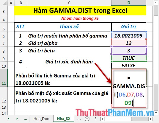 Tính phân bố lũy tích gamma =GAMMA.DIST(D6,D7,D8,D9)