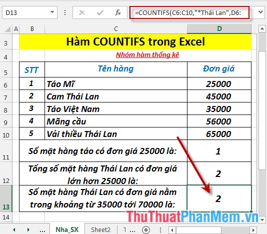 Tổng số mặt hàng Thái Lan có đơn giá nằm trong khoảng từ 35000 tới 70000 là 2