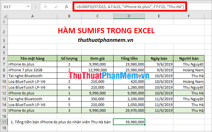 Tổng tiền bán iPhone 6s plus do nhân viên Thu Hà bán