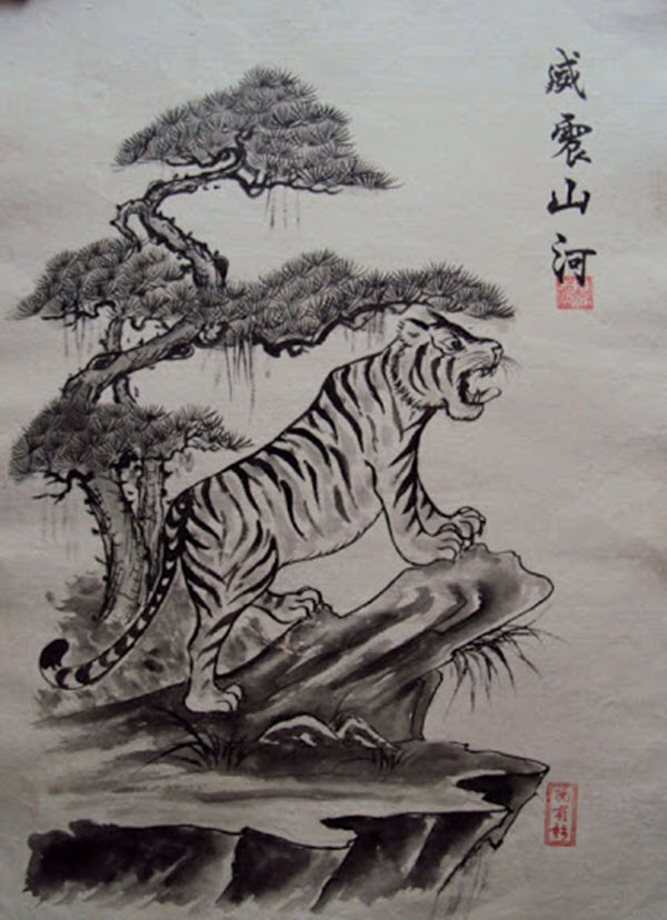 Tranh Tết cổ truyền dân gian Đông Hồ Con hổ lên núi