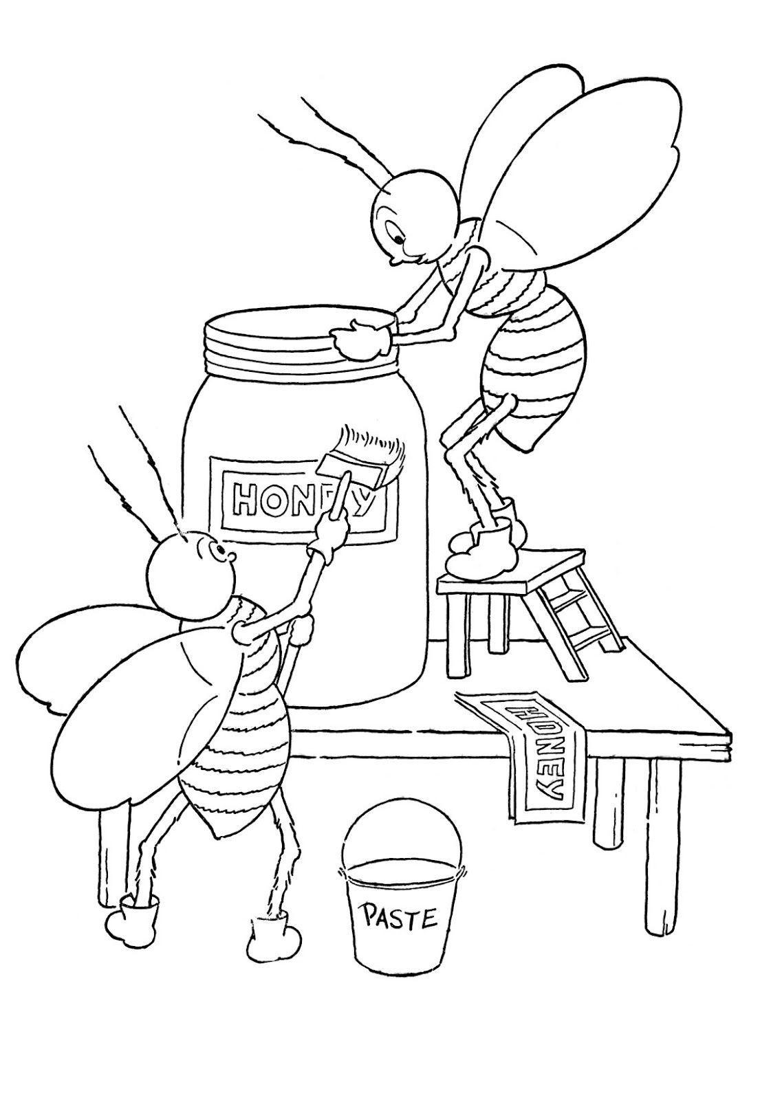 Tranh tô màu cho bé chú ong đang làm việc trang trí hũ mật