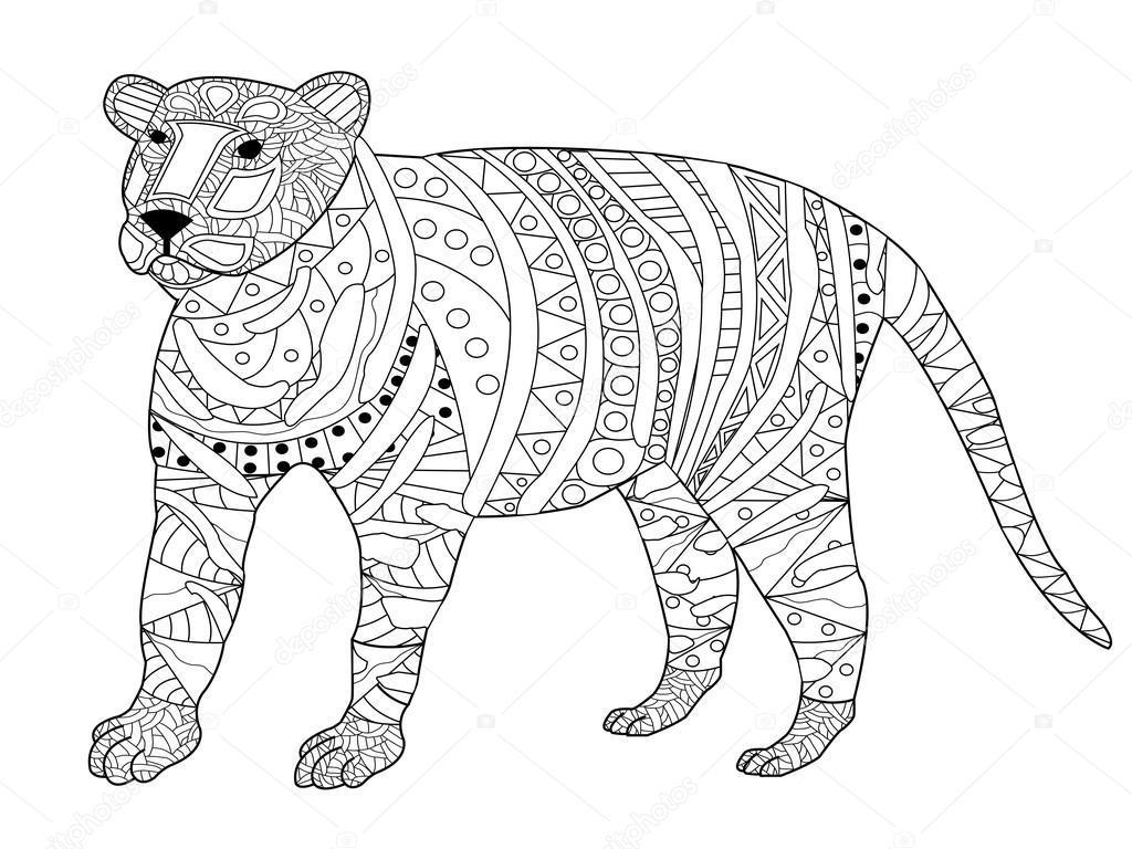 Tranh tô màu con hổ nhiều họa tiết hoa văn