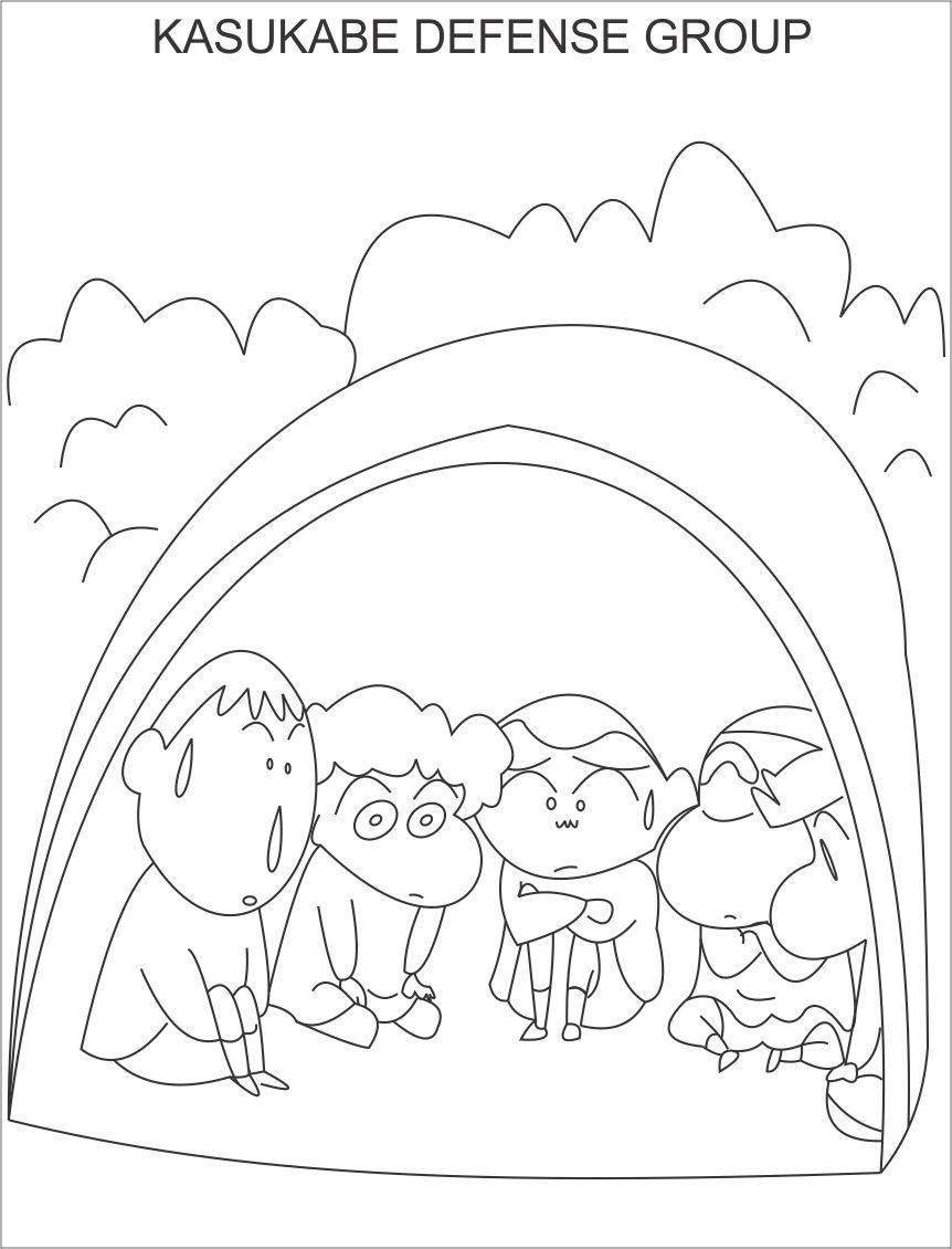 Tranh tô màu Shin cậu bé bút chì và đám bạn cùng trú trong lều