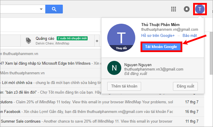 Trên giao diện gmail chọn vào avatar - Tài khoản Google