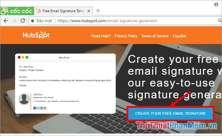 Trên giao diện trang HubSpot chọn Create your free email signature