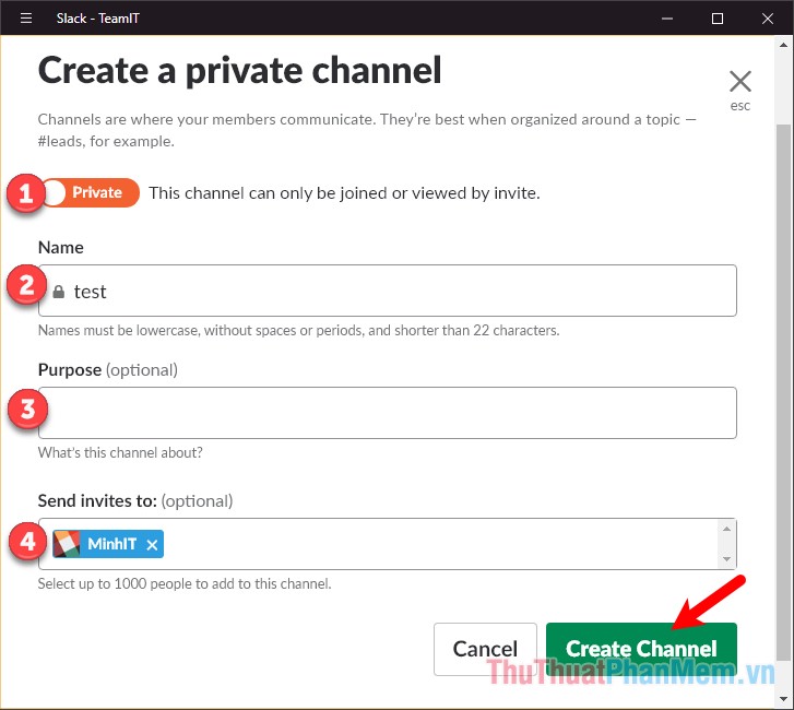 Trong giao diện Create a channel, đặt các thiết lập cho kênh