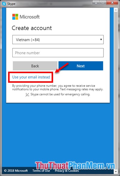 Trong giao diện Create account - chọn Use your email instead