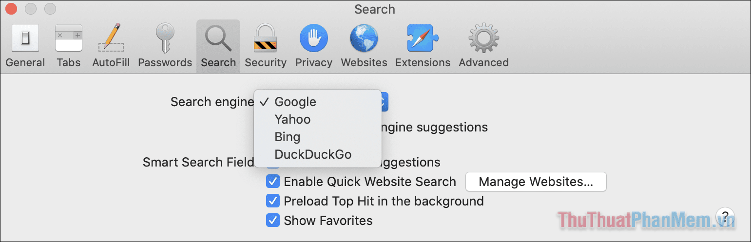 Trong mục Search Engine, bạn có thể lựa chọn công cụ tìm kiếm mặc định cho trình duyệt