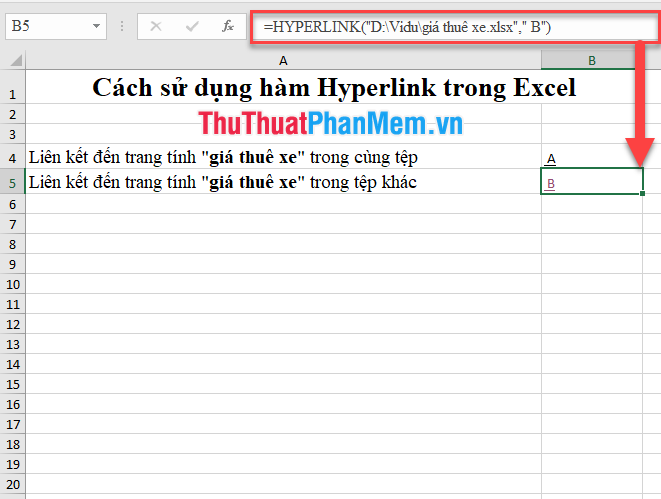 Trong ô tính chưa hàm Hyperlink, bạn nhập công thức Hyperlink