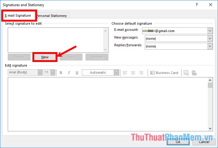 Trong thẻ E-mail Signature chọn New