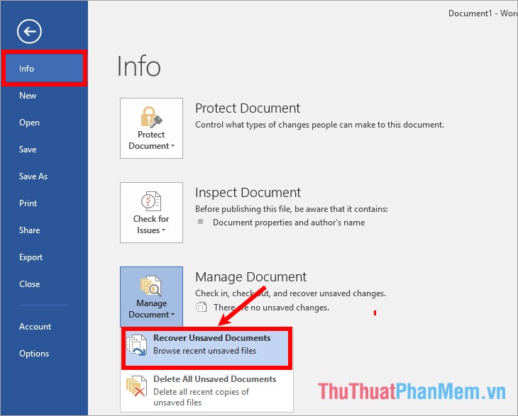Trong thẻ Info chọn Manage Document - Recover Unsaved Documents