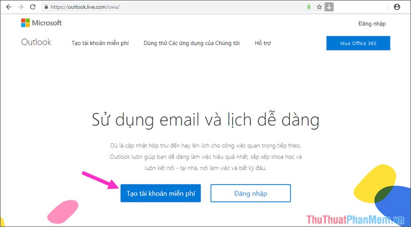 Truy cập Outlook - click vào mục Tạo tài khoản miễn phí