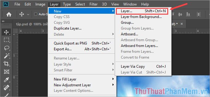 Vào menu Layer - New - Layer hoặc bấm tổ hợp phím Shift + Ctrl + N