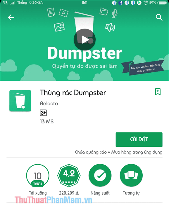 Vào Play Store tìm ứng dụng Dumpster