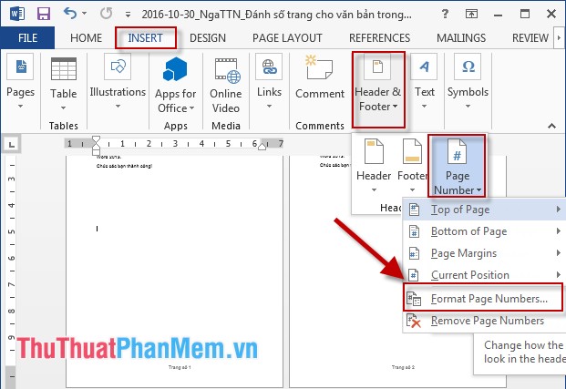 Vào thẻ Insert - Header & Footer - Page Number - Format Page Number