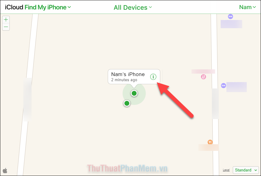 Xác định vị trí iPhone của bạn trên bản đồ rồi nhấn vào biểu tượng chữ i bên cạnh