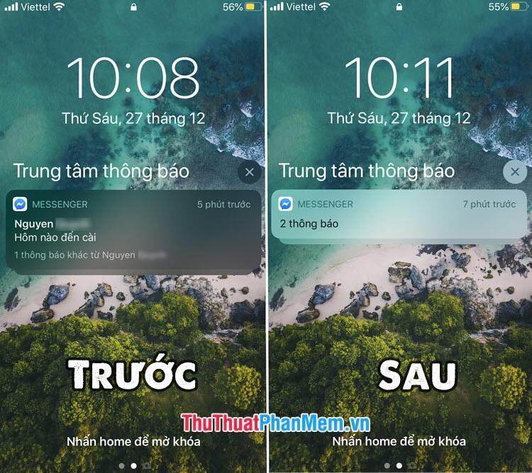 Xem ảnh so sánh trước và sau khi ẩn nội dung tin nhắn trên iPhone