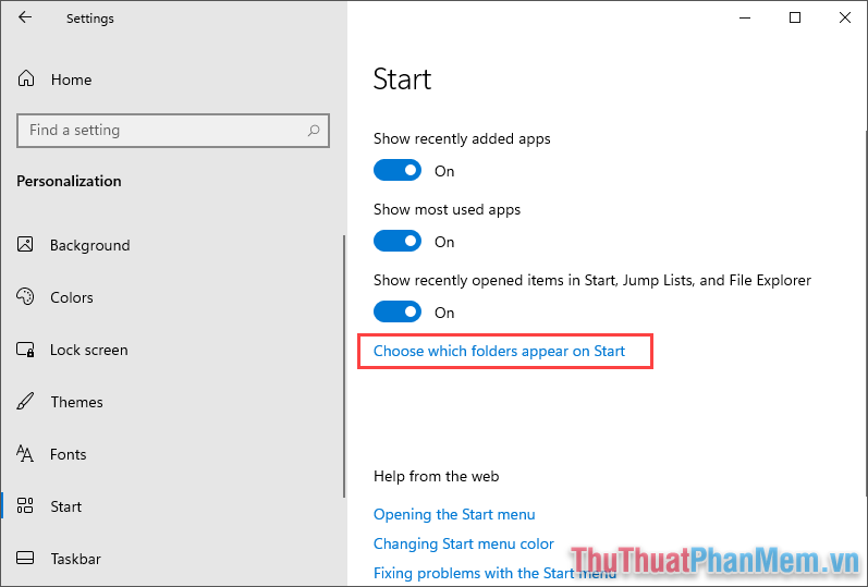 Chọn Choose which folders appear on Start để thiết lập các ứng dụng hiển thị trên Start