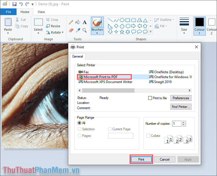 Chọn mục Microsoft Print to PDF trong mục Select Printer và nhấn Print để hoàn tất