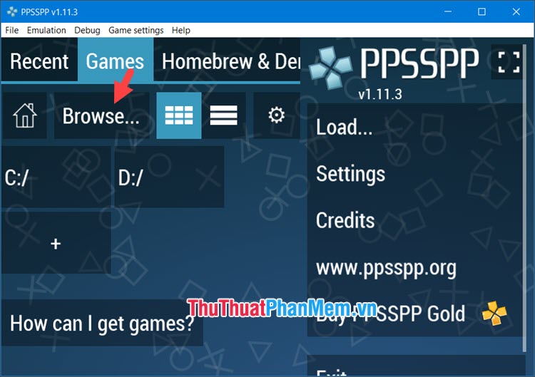 Mở PPSSPP và click vào Browse