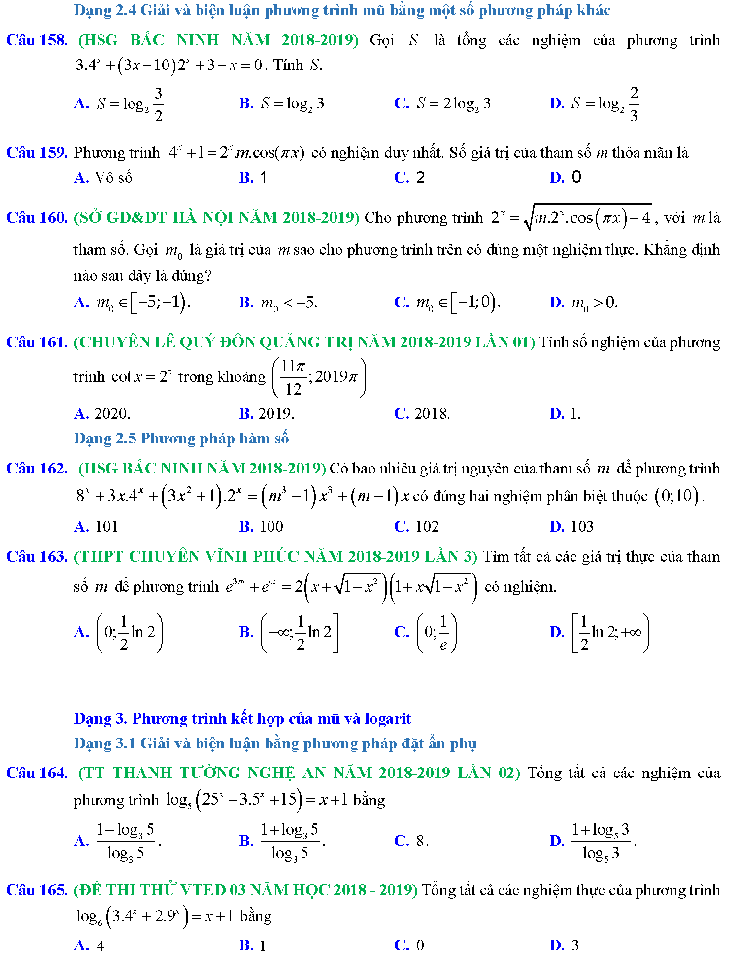 Phương trình mũ, phương trình logarit trong kỳ thi THPTQG 19
